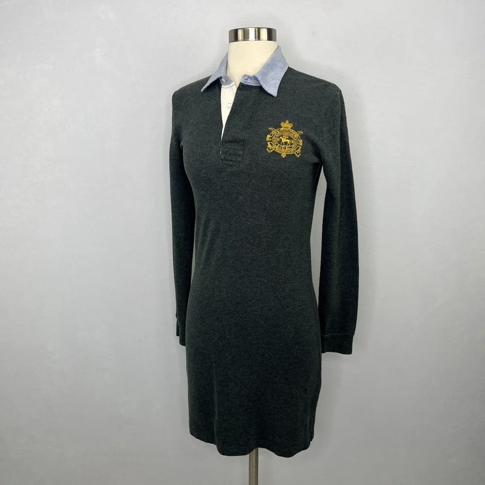 Vintage Ralph Lauren Shirt Dress Crest Cotton Polo L/S Size S Gray Y2K Preppy